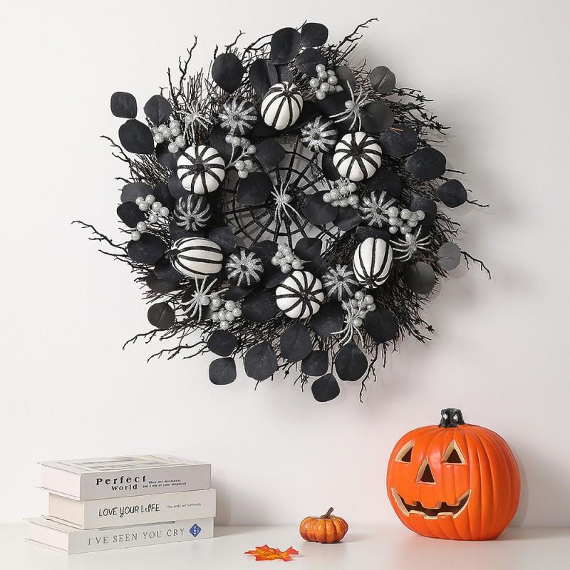 Halloween Plastic Pumpkin Leaf Wreath With Maple Leaves Pinecones Dried Branches Door Wall Decor