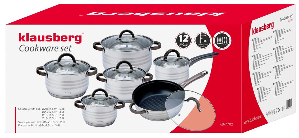 Steel pot set 12 pieces 2.1/2.1/2.9/3.4/3.9/6.6L KLAUSBERG KB-7702
