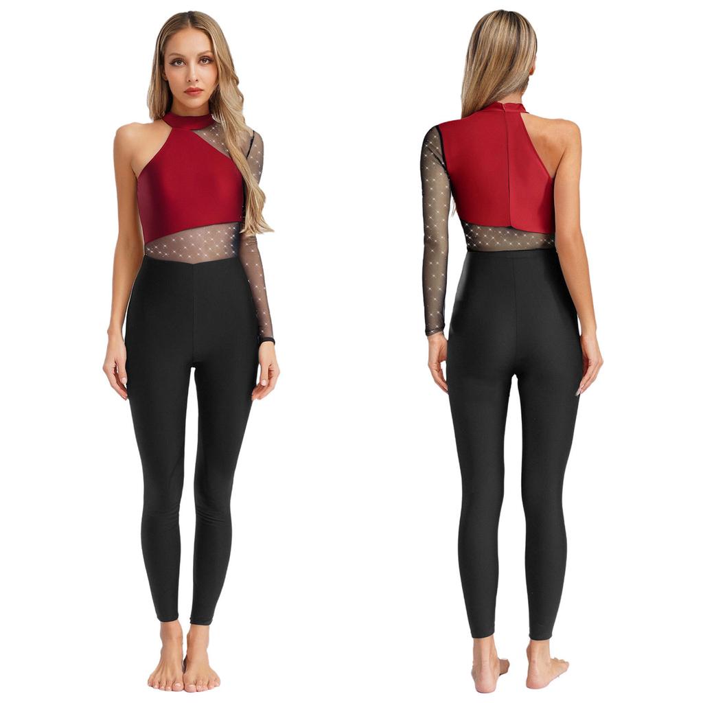 One Shoulder Dance & Stage Bodysuit for Women S-XXL: Sparkling Rhinestone & Sheer Mesh Long Sleeve Gymnastics Costume