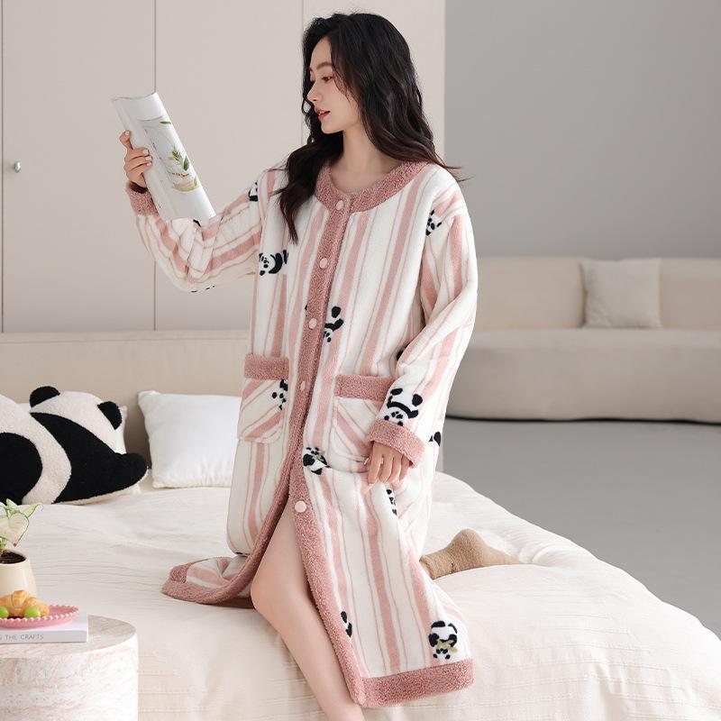 Женская ночная сорочка из кораллового флиса, осенне-зимняя пижама, флисовый утолщенный теплый кардиган из кораллового флиса, халат с капюшоном