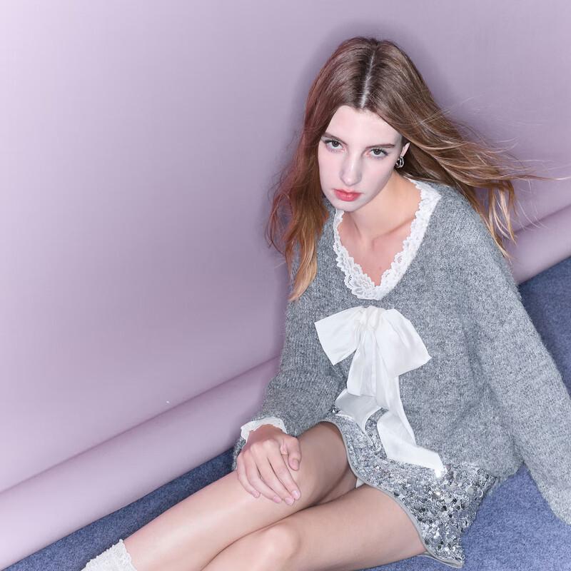 Sancai 2025 Winter Women's V-Neck Bow Knit Sweater