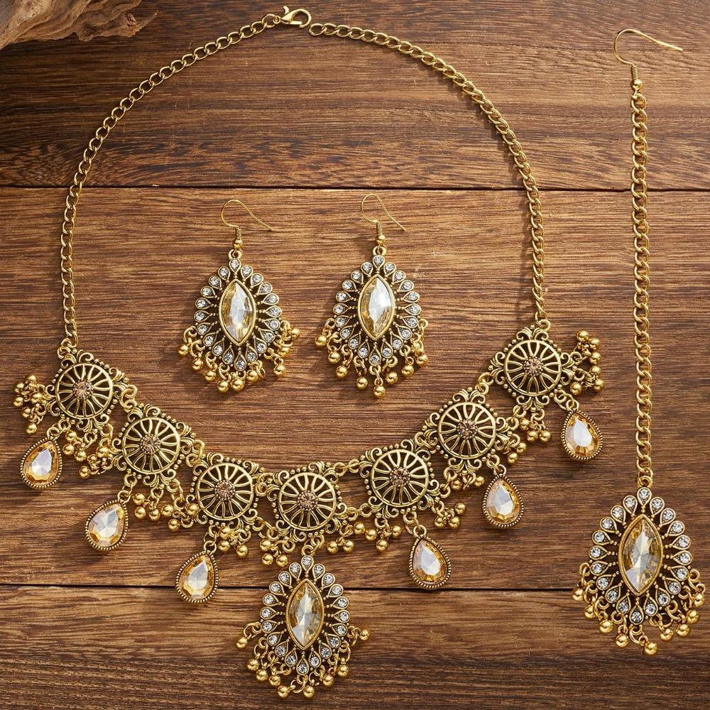 Rhinestone Inlaid Necklace Earrings Set Hollowed Out Forehead Ornament  Bridal