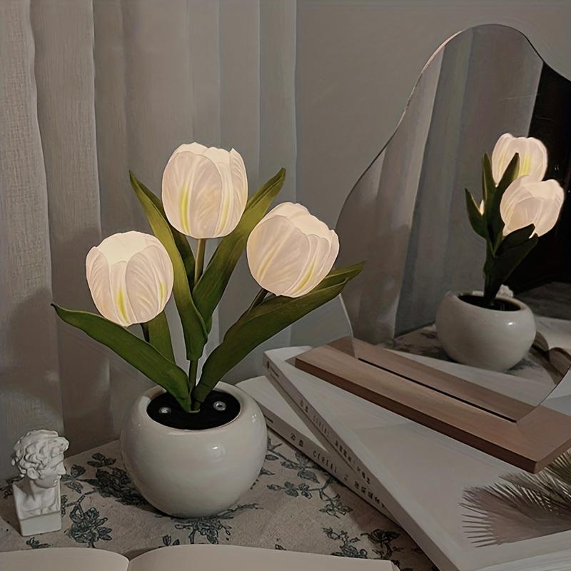 1pc Tulips Flower Night Light For Room Decor LED Charging Flower Potted Night Light Cute Small Tulips Bedside Lamp