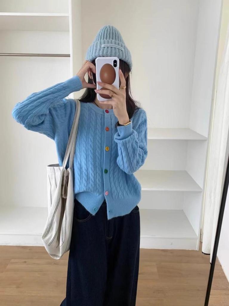 Женский кардиган в стиле ретро с кабельным узором: Мягкий, Теплый, Круглый вырез, на Пуговицах - Повседневный Корейский Стиль для Осени/Зимы.