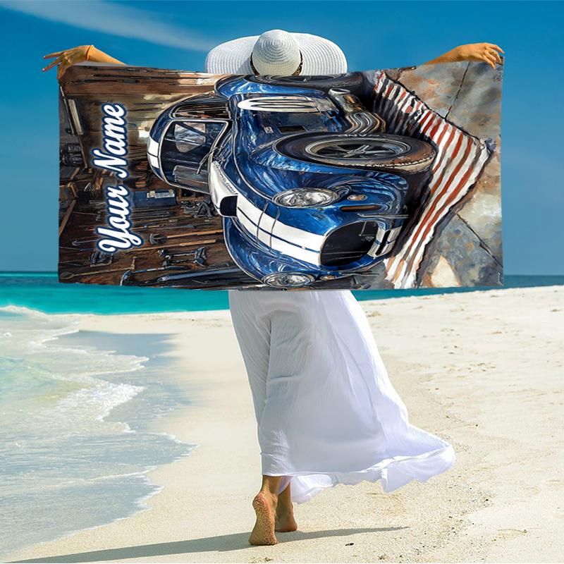 1PC Custom Name Classic Car Garage Scene Beach Towel Highly Absorbent And Sand-Resistant Towel for Swimming, Pool, Yoga, And Travel Lightweight