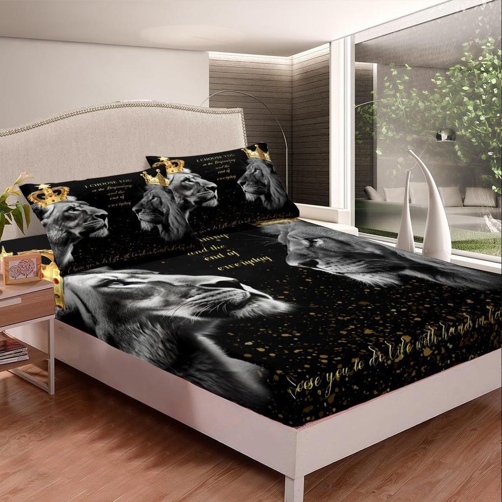 Матрас с рисунком льва, трехпредметный, цифровая печать, для пары, черный, золотой, корона, покрывало, постельное белье