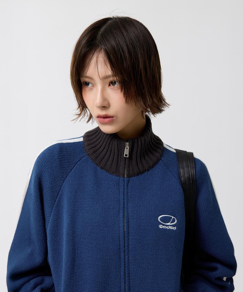 ODDSTUDIO Sporty Track Semi-Crop Knit Zip-Up - Blue