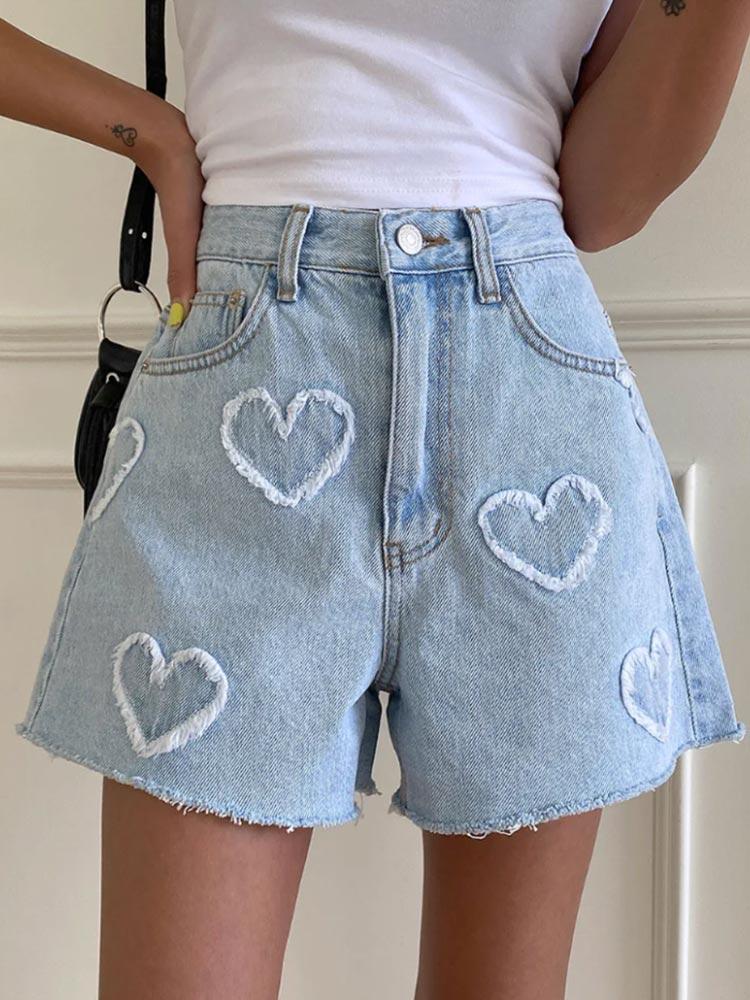 Women's Jeans Shorts Blue Cute Raw Edge Heart Pattern High Waist Fashion Denim Hot Pants Summer Y2k Clothing