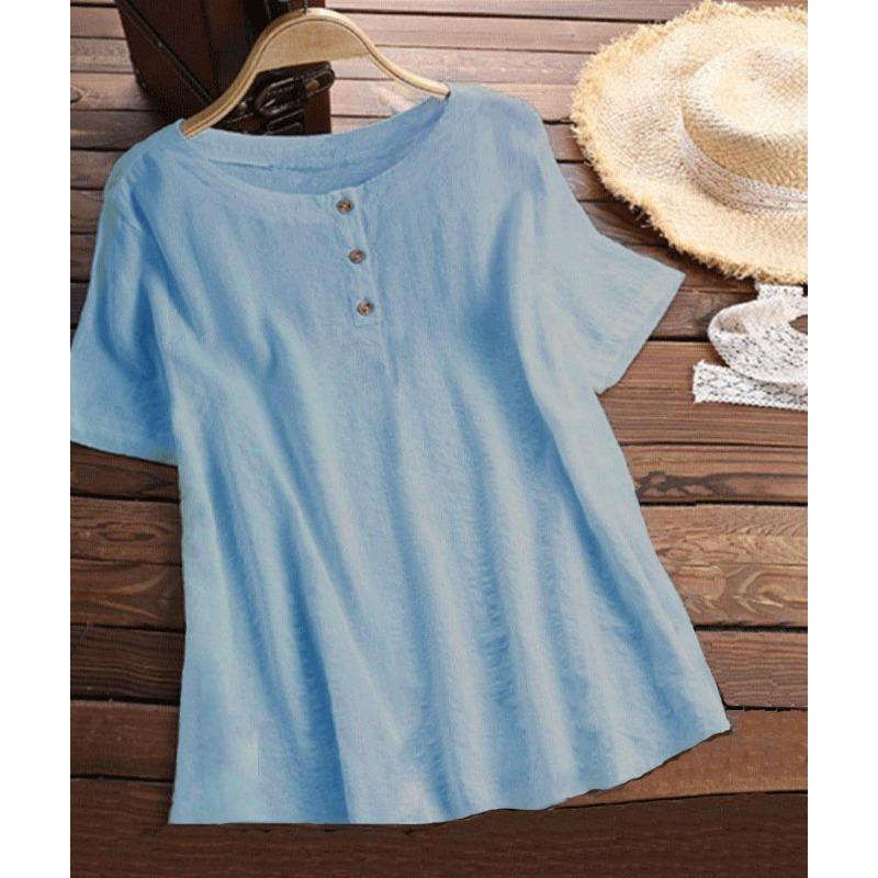 Женская однотонная рубашка с короткими рукавами и круглым вырезом на пуговицах, весна-лето, футболка из чистого хлопка и льна