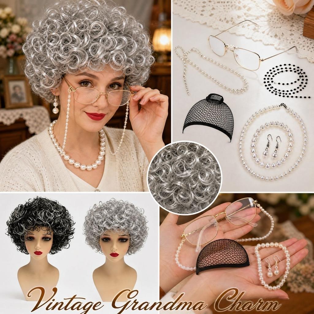 Grandma Costume Accessories Set with Wig, Glasses with Chain, Hairnet, Necklace, Bracelet and Earrings