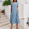 Women Casual Round Neck Solid Color Summer Short Sleeve Dress