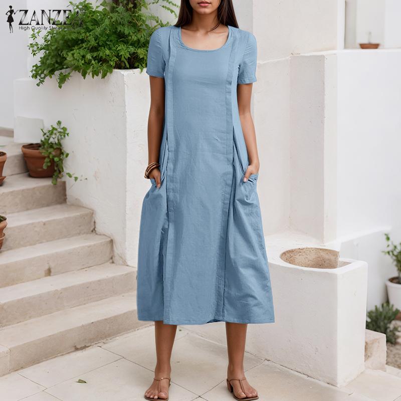 ZANZEA Women Casual Round Neck Solid Color Summer Short Sleeve Dress