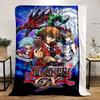 Anime characters posing with cards, duel disks, and dragon-like creatures. for all seasons blanket lunch break throw gift