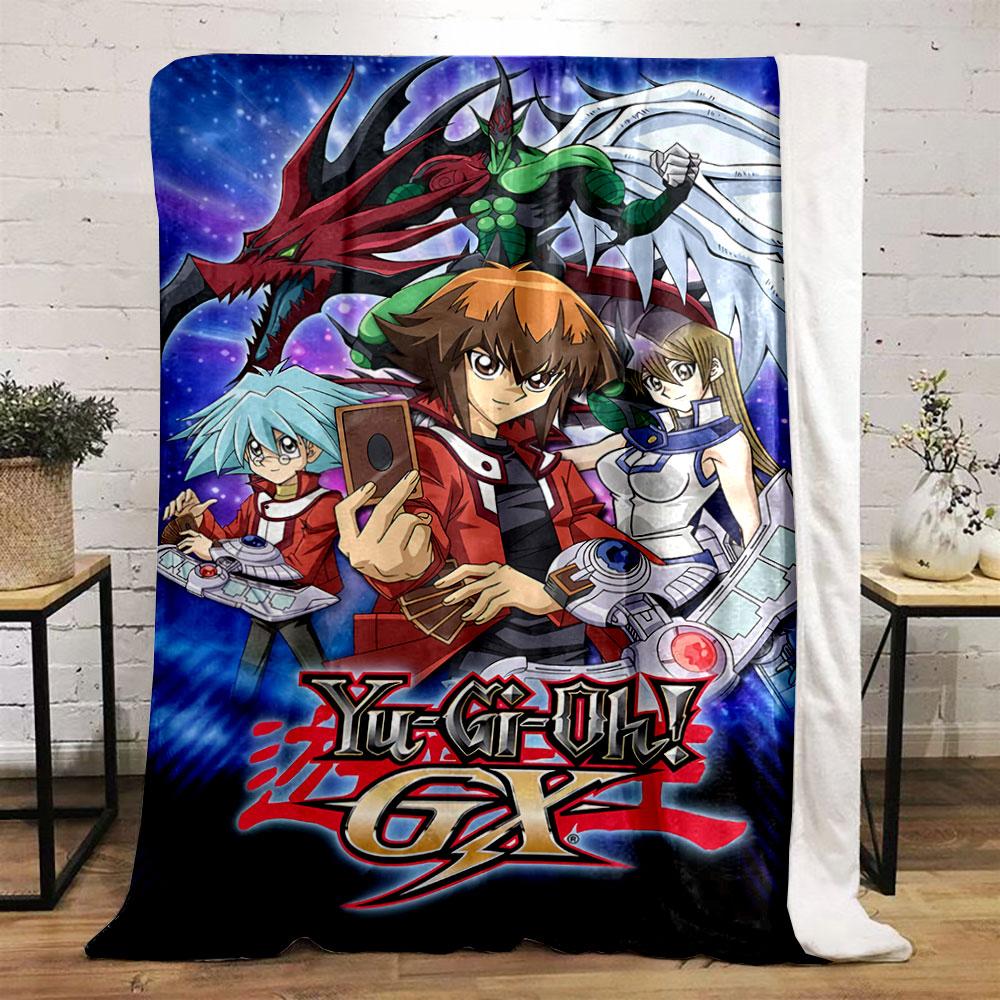 Anime characters posing with cards, duel disks, and dragon-like creatures. for all seasons blanket lunch break throw gift
