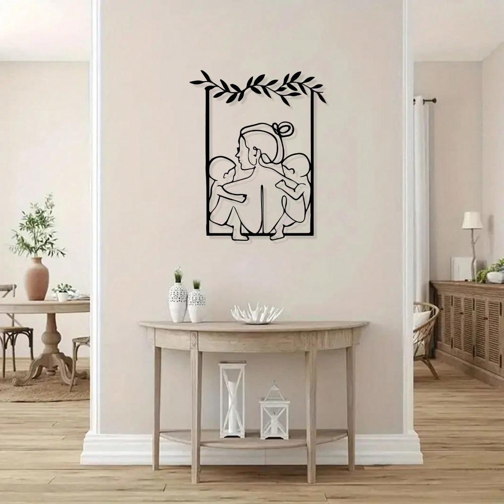 Vintage Metal Wall Art Rust Proof Wrought Iron Family Sculpture with Orange Garland Frame Living Room Decor Gift for Mother