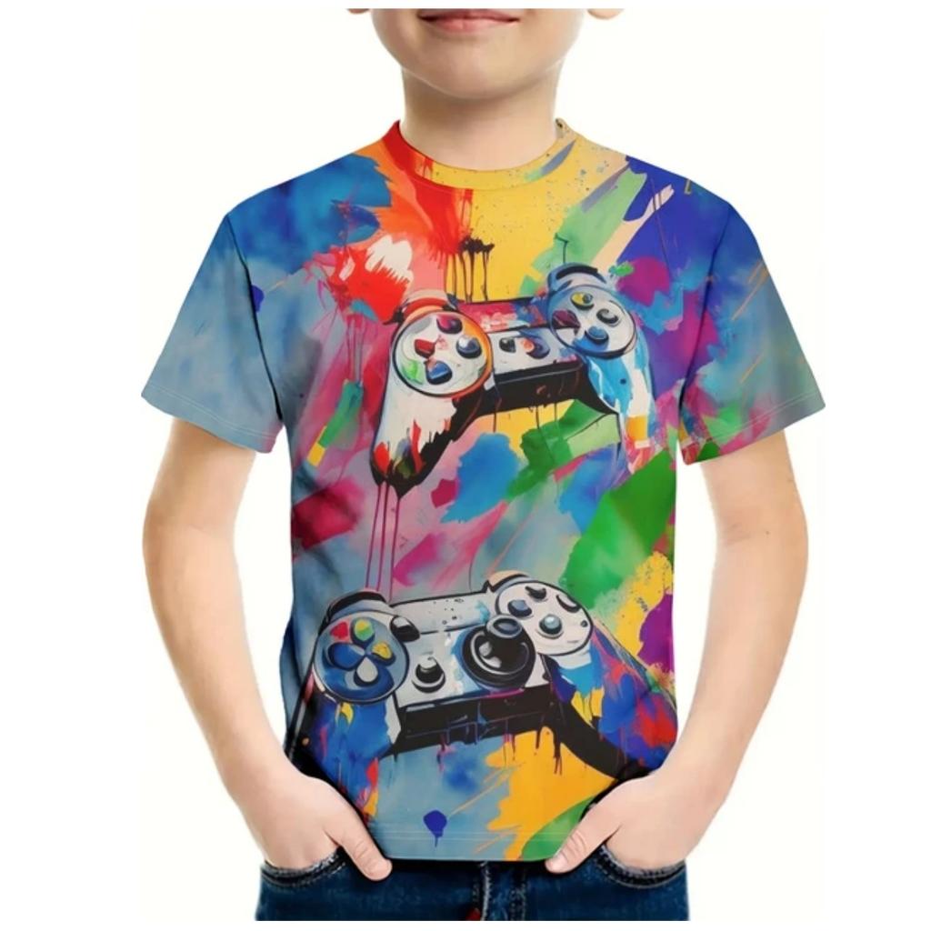Kids Gamepad With Color Paint 3D Print Boy's T-shirt Crew Neck Short Sleeve T-shirt For Boy Casual Top For Summer Cool T Shirt