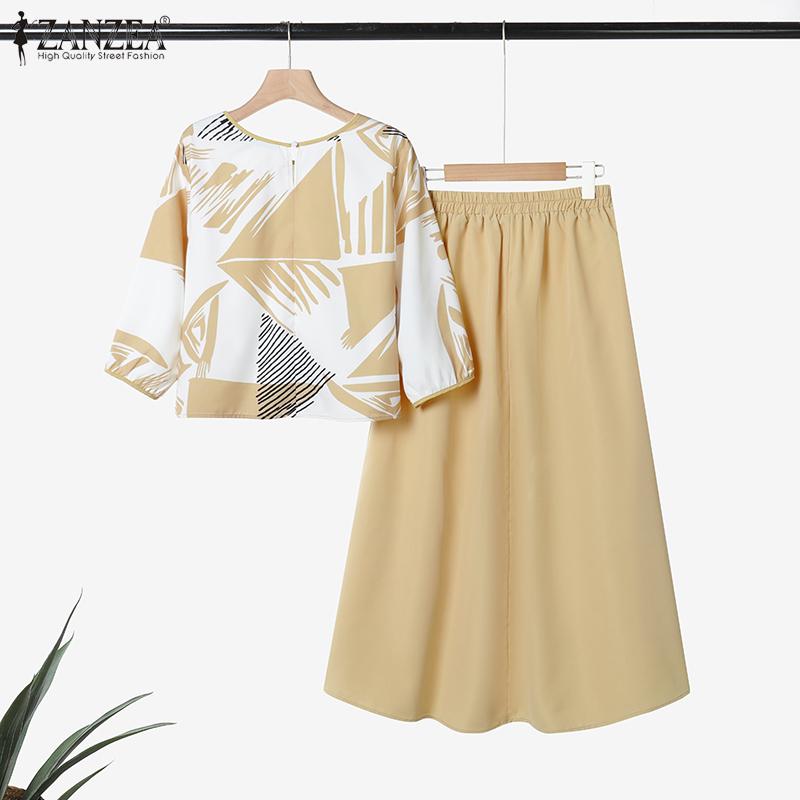 ZANZEA Women Print Blouse and Long Skirts Summer Two Piece Suit Sets