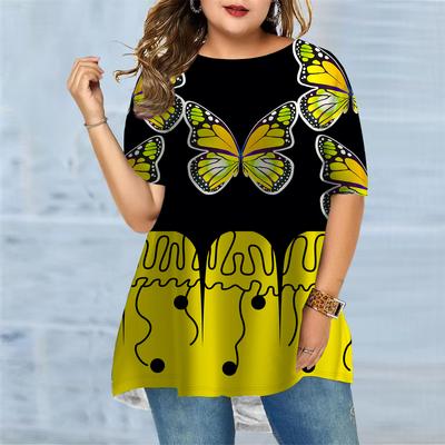 Женская летняя желтая бабочка с принтом больших размеров, удобная футболка с короткими рукавами и круглым вырезом, повседневная мешковатая футболка средней длины