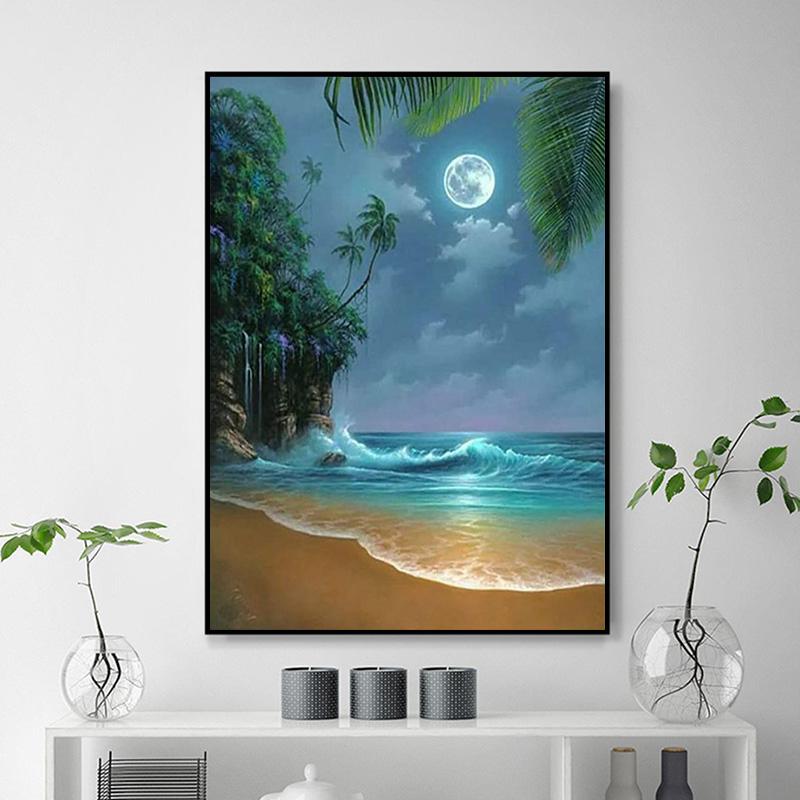 RUOPOTY DIY Painting By Numbers Moon Landscape Acrylic On Canvas Wall Art Picture By Numbers Seaside For Living Room