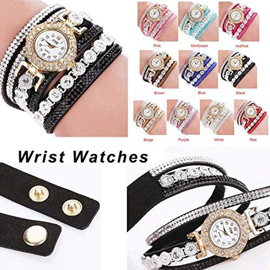 Leather Women Fashion Casual Decor Round Rhinestone Bracelet Watch