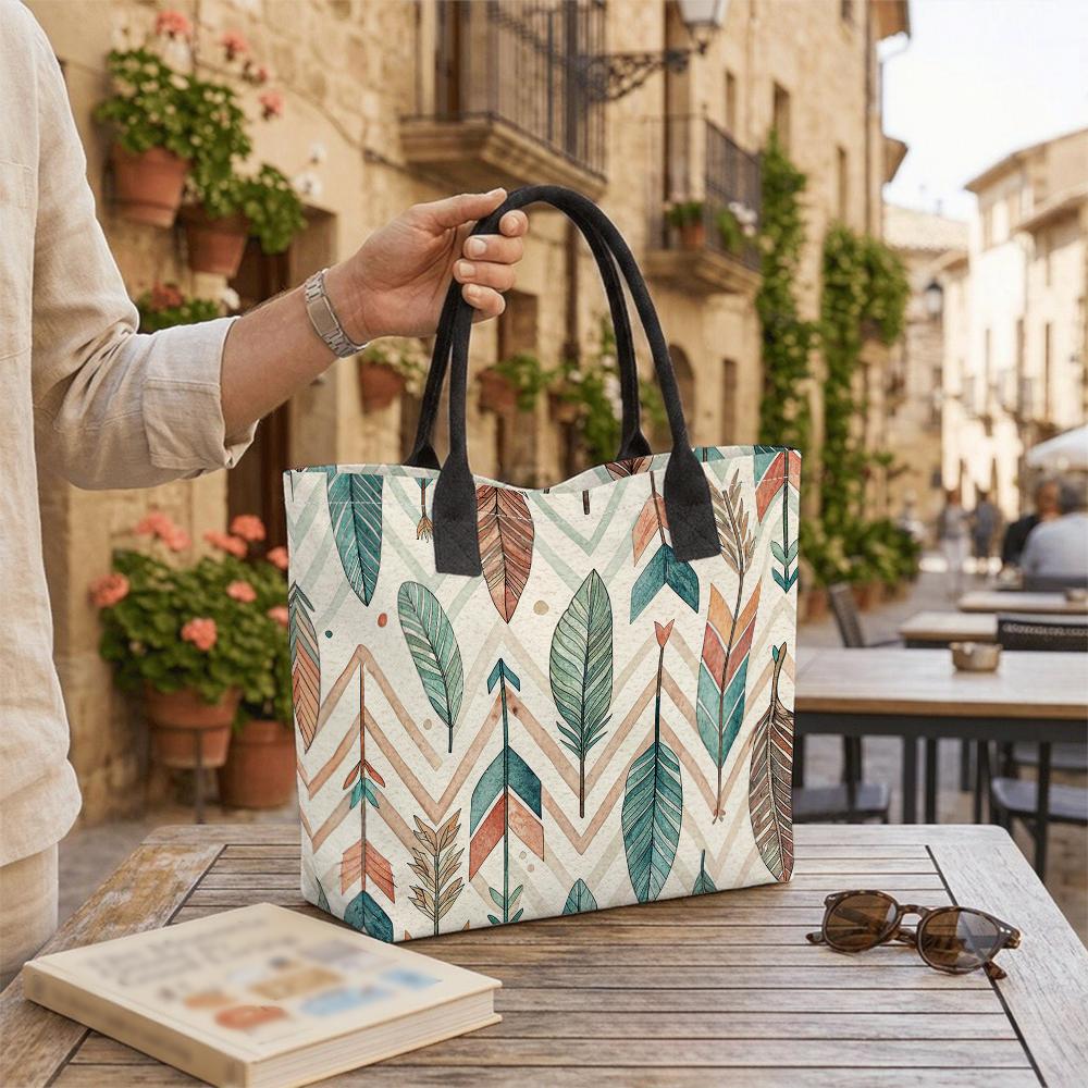 Boho Feather Printed Canvas Tote Bag Casual Large Capacity Daily Handbag for Women Travel Shopping Shoulder Bag