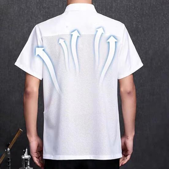 Рубашка шеф-повара унисекс, кухонная двубортная рубашка с короткими рукавами и воротником-стойкой, мягкий нагрудный карман, дышащий, грязеотталкивающий свободный топ для столовой