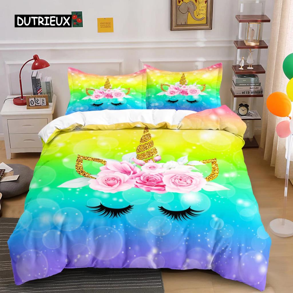 Пододеяльник с единорогом, комплект постельного белья с изображением животных из мультфильмов, галактики и звезд, цветочный комплект постельного белья для детей и девочек, полиэстер, романтическая тема, одеяло, чехол