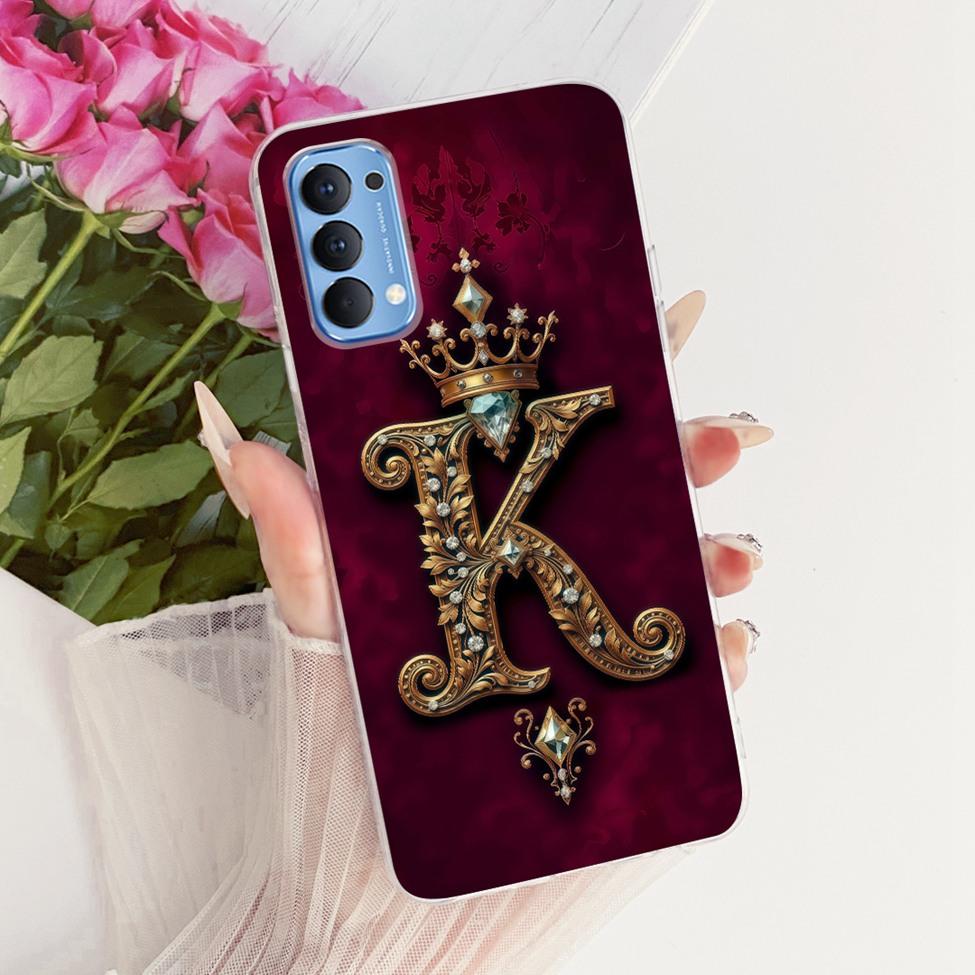Transparent For Oppo Reno4 4G Case CPH2113 Luxury Crown A-Z Letters 2D Flat Pattern Soft Bumper For Oppo Reno 4 4G Phone Case