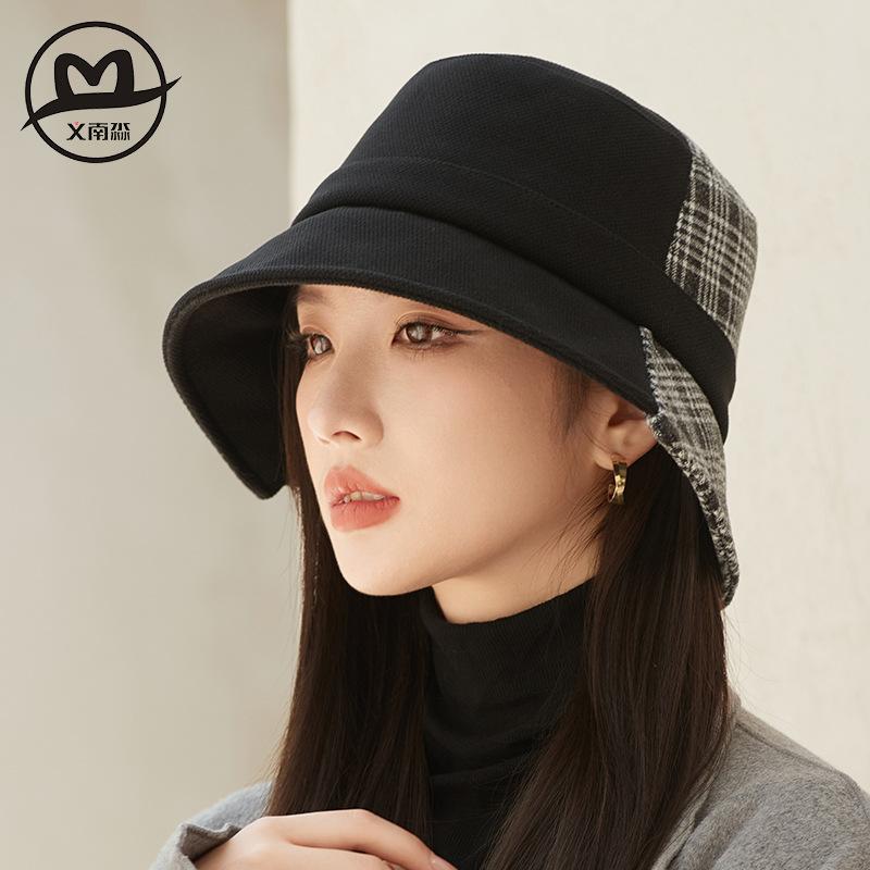 High sense fashion splicing plaid bucket hat women's autumn and winter new light luxury face cover hat British temperament thermal hat