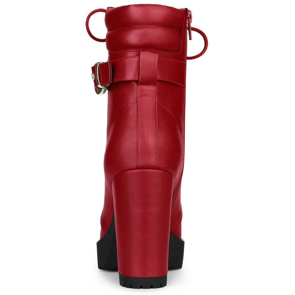 Allegra K Buckle Lace-Up Ankle Boots with Platform Block Heel, Women's, Red, Size 26.0cm