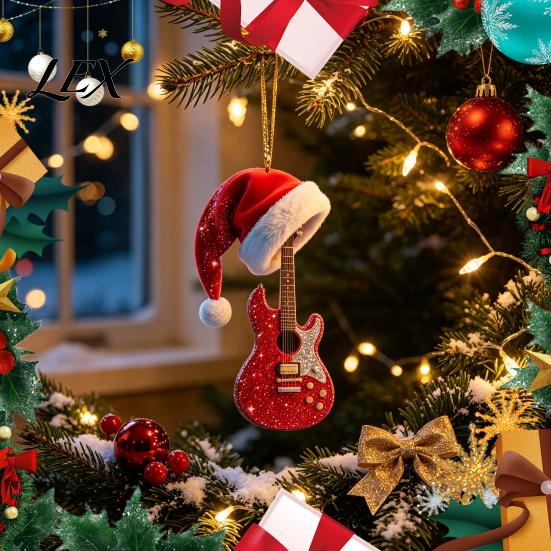 Christmas Tree Ornament Red Guitar Ornament, 2D Flat Acrylic Hanging Pendant with Festival Santa Hat, Country Music Decoration, Holiday Gift