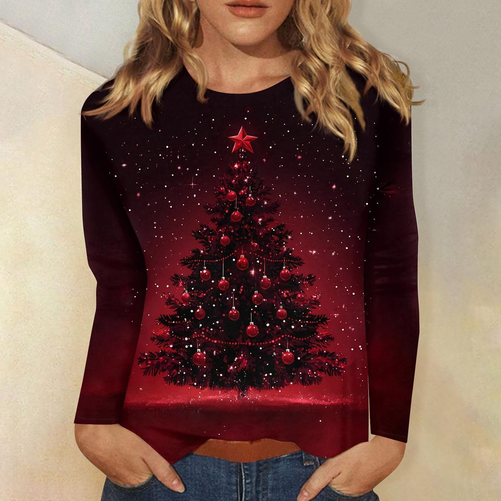 Женская мода повседневный рождественский принт круглый вырез длинный рукав пуловер топ