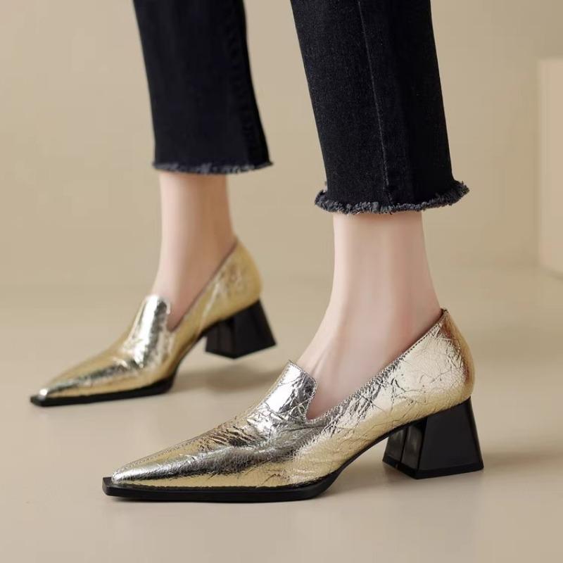2025 Новая Мода Весна Роскошные Туфли-лодочки Женские Сексуальные Остроносые Высокие Каблуки Массивные Каблуки Дизайнерские Лоферы Платформа Золотые Женские Туфли