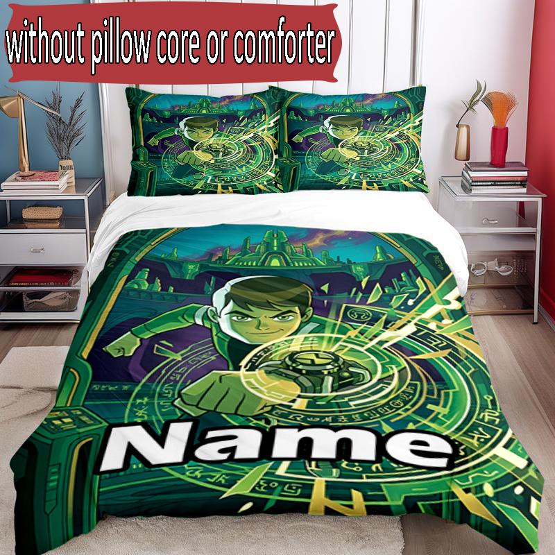3pcs Duvet Cover Set (1*Duvet Cover + 2*Pillowcase, Without Core), Custom Name Ben 10 Cartoon Pattern Bedding Set, Home Bedroom Decor Gift