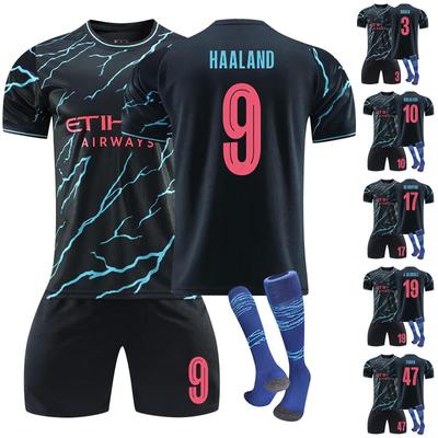 2324 Манчестер Сити 2 выездные футбольные майки, комплект с короткими колготками, новый сезон, короткие колготки, комплект размеров для взрослых и детей