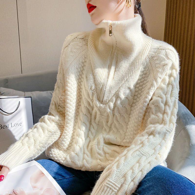 Winter Zipper Thickened Turtleneck Sweater Women Wear Loose Korean Slouchy Fashion Versatile Knitwear