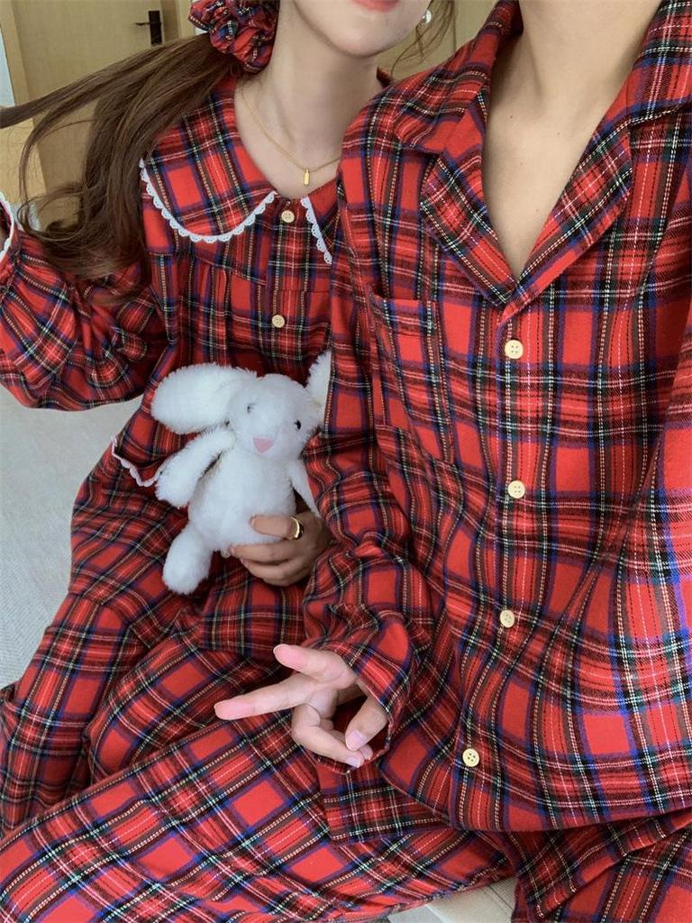 Korean Spring & Autumn Plaid Lace Peter Pan Collar Pajamas - Loose Couple Long Sleeve Homewear Set