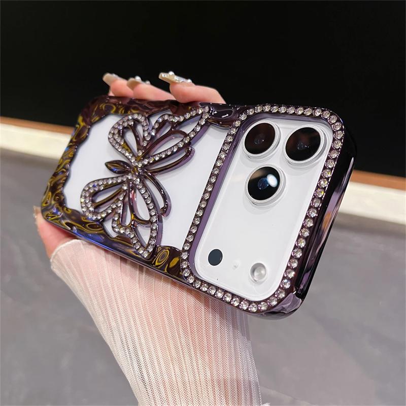 Роскошный ТПУ с гальваническим покрытием, чехол для телефона с бриллиантовой бабочкой для iPhone 17 16 15 14 13 12 11 Pro Max Plus, противоударный жесткий чехол с полым узором
