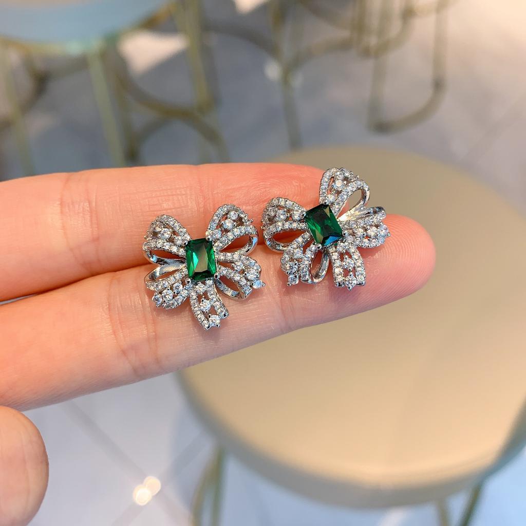 Green Tip Bow Bone Chain Necklace Women, Green Simple Earrings Ring Jewelry Set