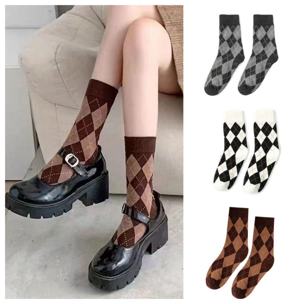 Knitting Plaid Socks College Style Middle Tube Socks Novelty Calf Socks Outdoor