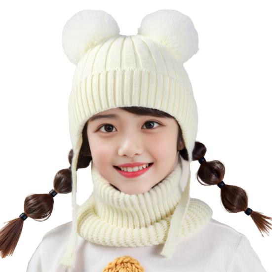 2 шт./набор Детская зимняя шапка и шарф Набор Декор плюшевым помпоном Однотонный Плюшевая подкладка Вязаная шапка Теплый комплект шарфа