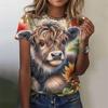 Cute Cow Donkey Pattern Women's T-shirt Flower Animal 3D Printing T-shirts Round Neck Top Short Sleeve