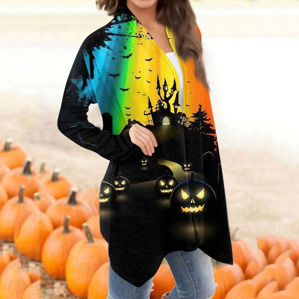 Женская мода, повседневный кардиган с принтом на Хэллоуин, средней длины, куртка, пальто