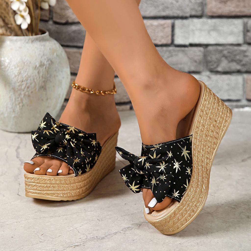 Модные сандалии-клинья на толстой платформе с бантом для женщин, лето 2025, толстая подошва, высокий каблук, шлепанцы, женские размеры плюс 35-42, тапочки, обувь