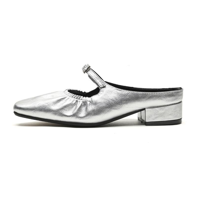 French Square Toe Half Slippers Women Summer Outer Wear One Strap Pleated Silver Baotou Single Shoes Women