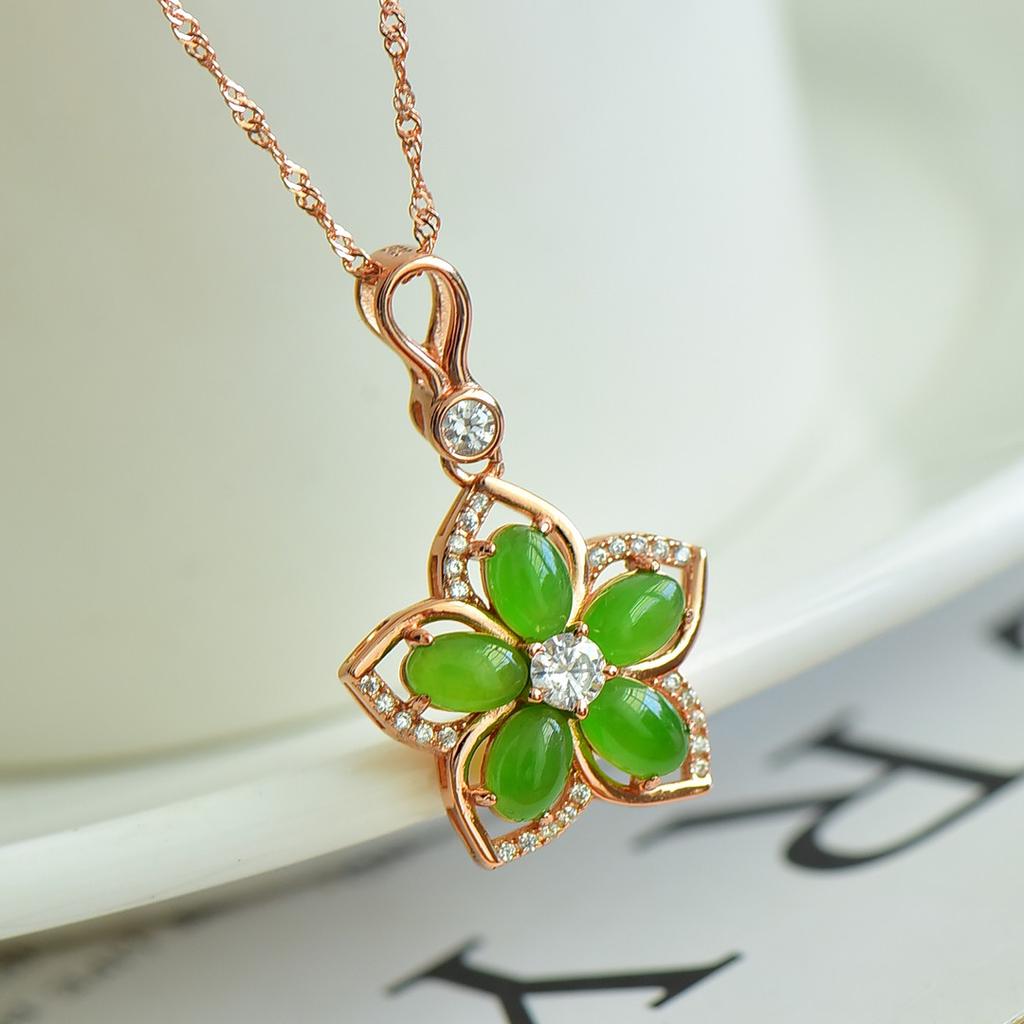 Hotan Jade S925 Silver Inlaid Jasper Five Petal Flower Pendant Necklace