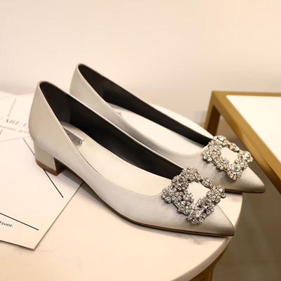 Женские туфли на высоком каблуке с квадратной пряжкой Water Diamond, заостренные толстые каблуки, свадебные шелковые атласные туфли на среднем каблуке с неглубоким носком