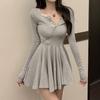 Grey Spice Girl Long Sleeve Dress Women's Autumn Waist A-Word Skirt