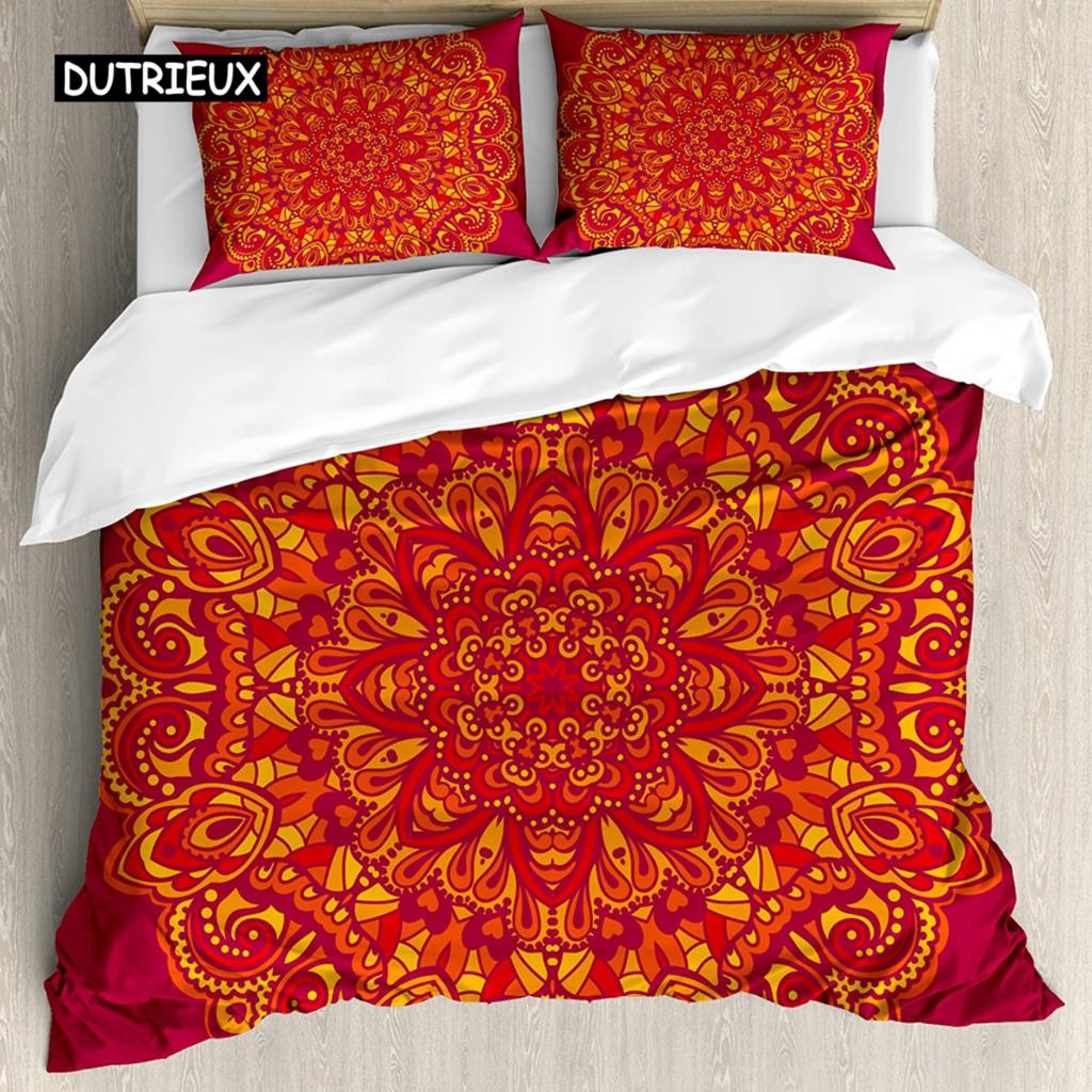 Mandala Buddha Duvet Cover Set,Bohemian Bedding Set Golden Black Lotus Flowers Print Luxury Microfiber Polyester Comforter Cover