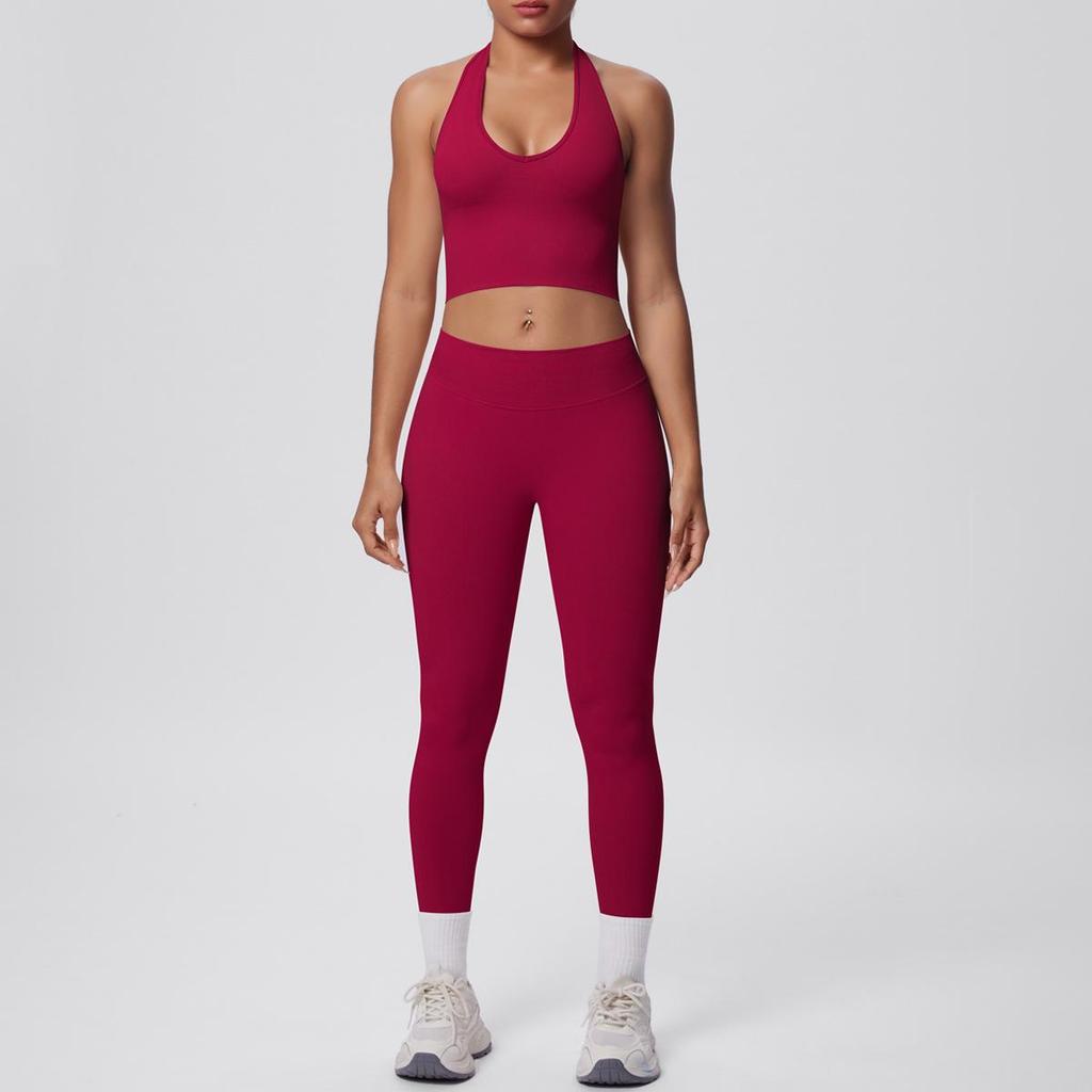 Бесшовный комплект из двух предметов для йоги и фитнеса с halter-топом для женщин